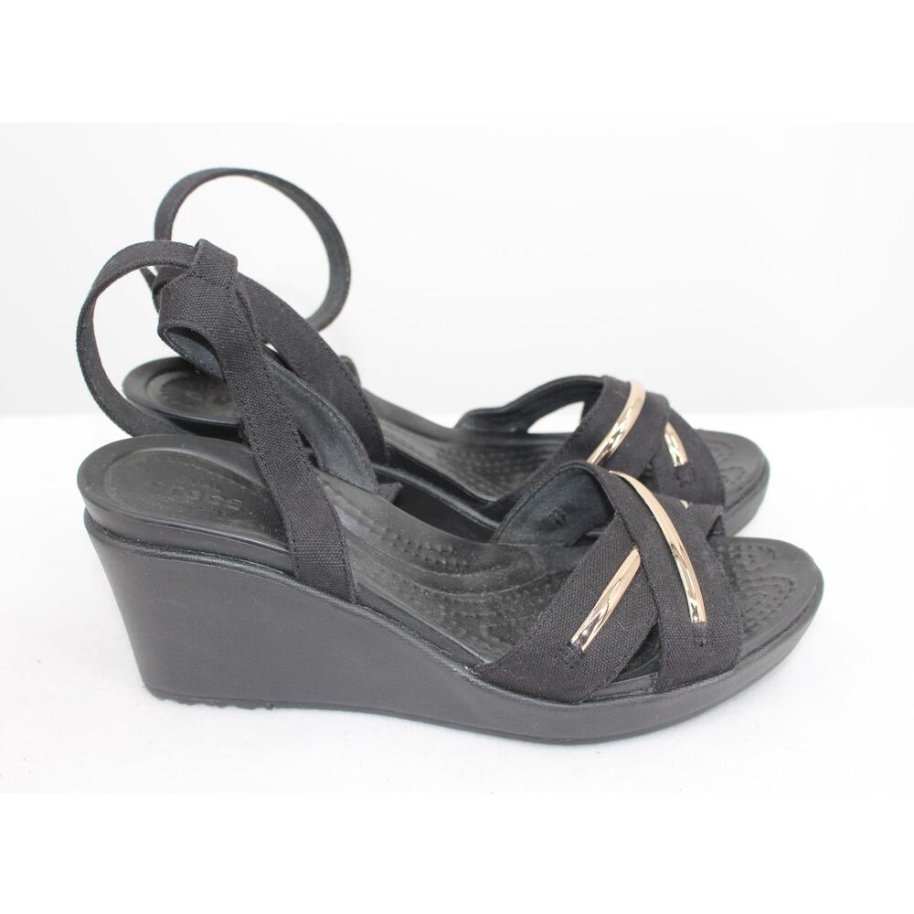 Crocs Leigh II Womens 8 CrossStrap Metalblock Ankle Wedge Black Sandals Comfort